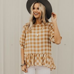 ROOLEE • Sue Ellen Plaid Peplum Top • Tan Gingham